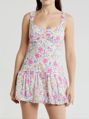 Lush Pink Floral Mini Bubble Dress Size Large Ruffle Strap Cottagecore